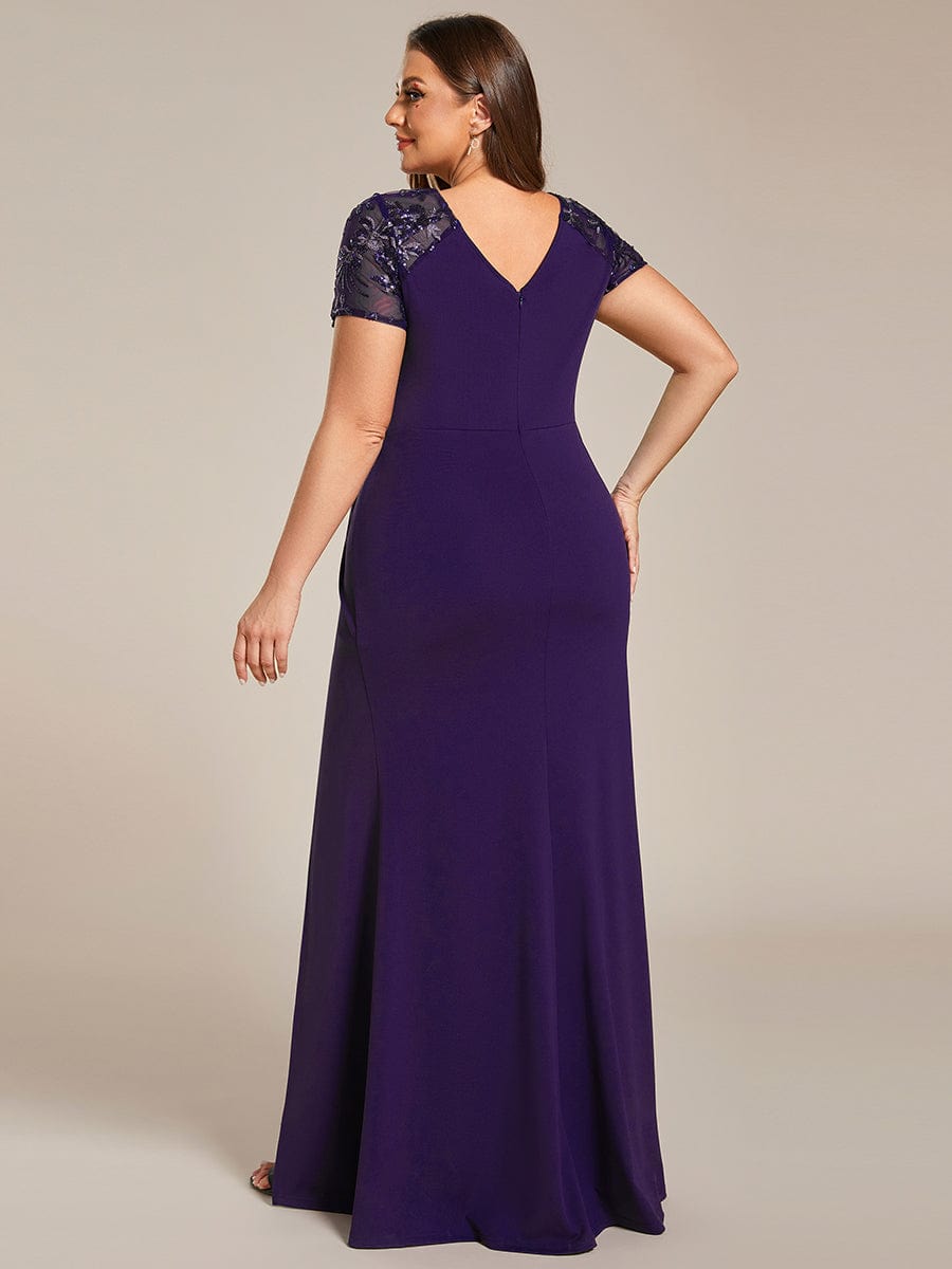 Plus Size Front Slit Short Sleeve With Sequin Mother of the Bride Dress #color_Dark Purple