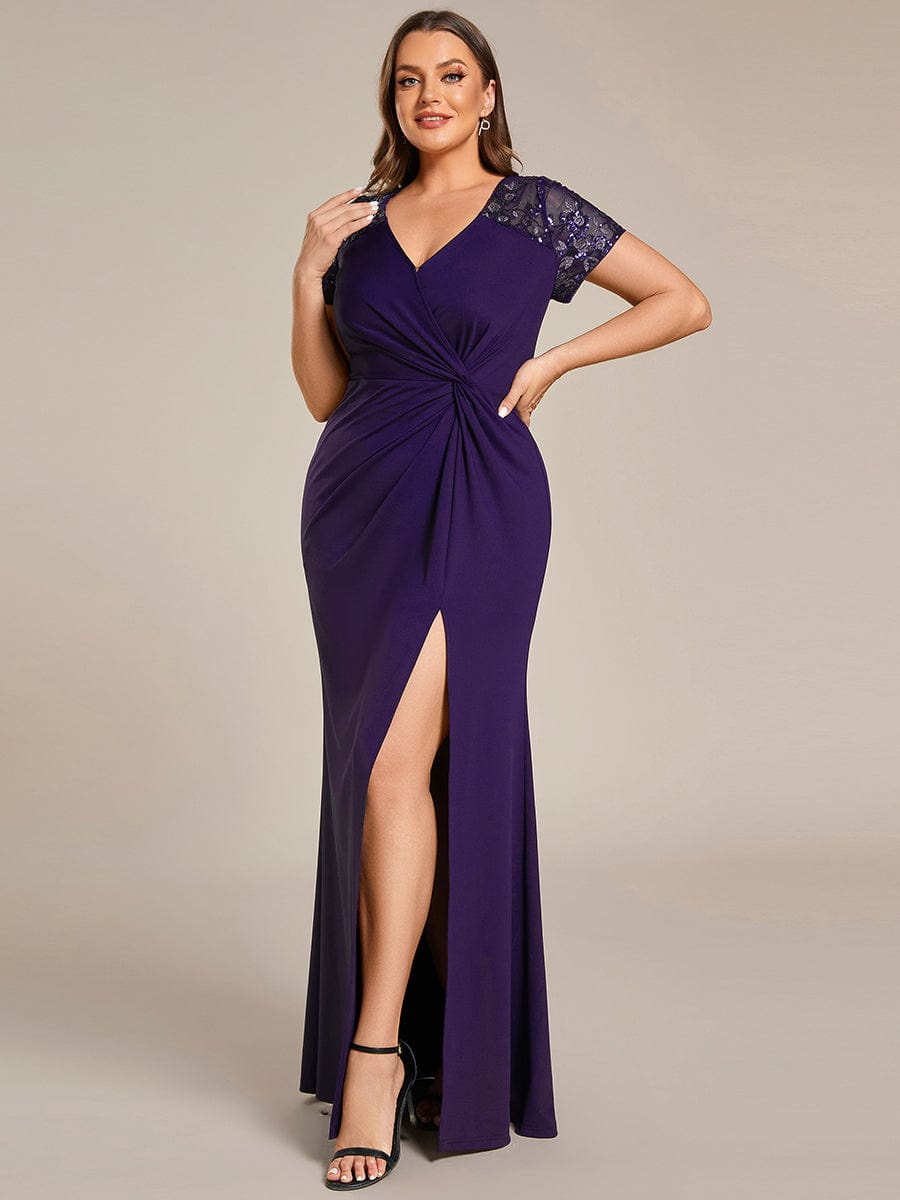 Plus Size Front Slit Short Sleeve With Sequin Mother of the Bride Dress #color_Dark Purple