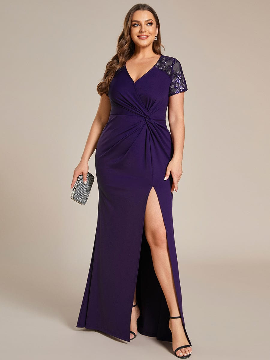 Deep V-Neck Sequin Short Sleeve High Side Front Slit Mother of the Bride Dress #Color_Dark Purple