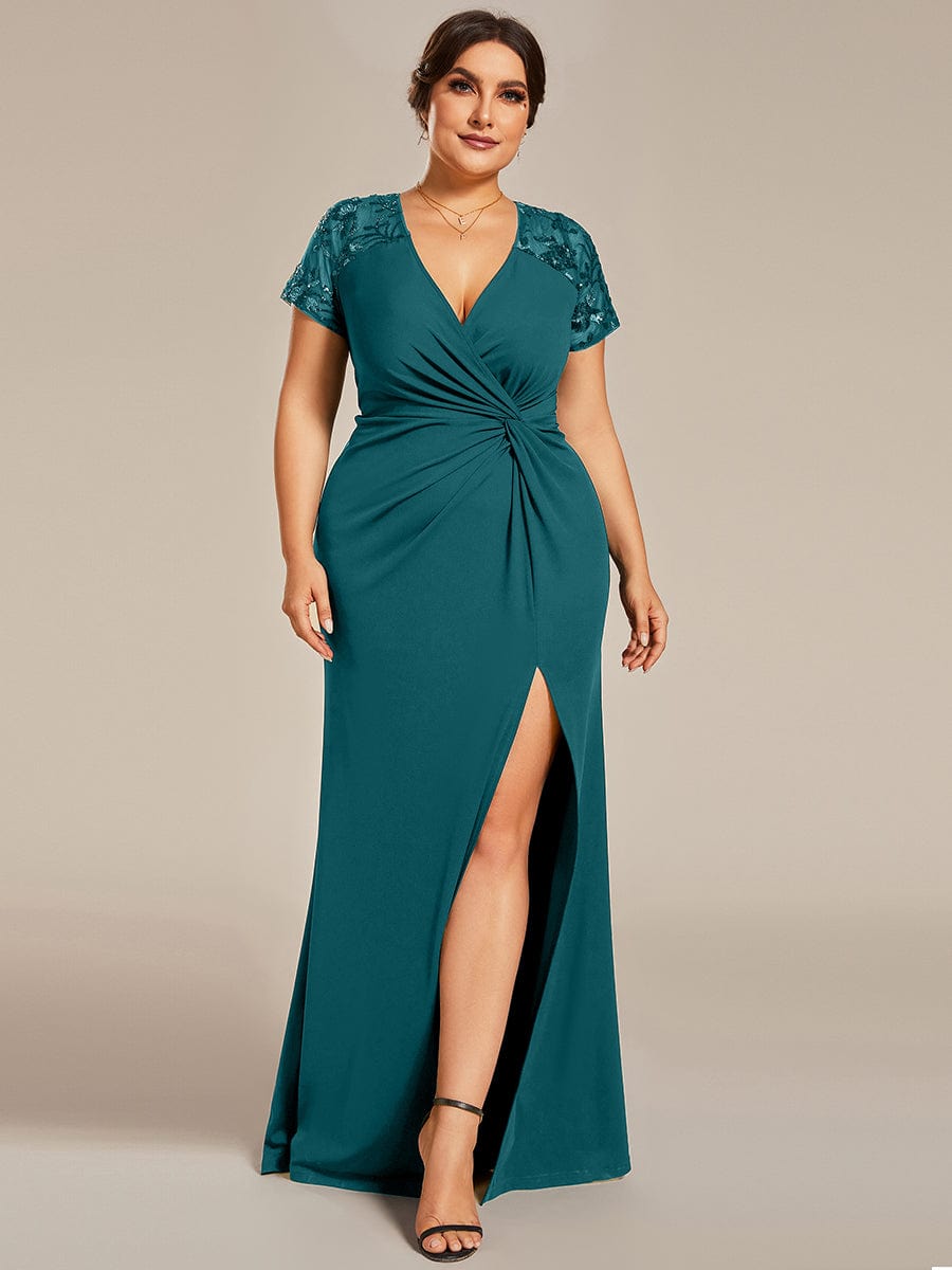 Deep V-Neck Sequin Short Sleeve High Side Front Slit Mother of the Bride Dress #color_Teal