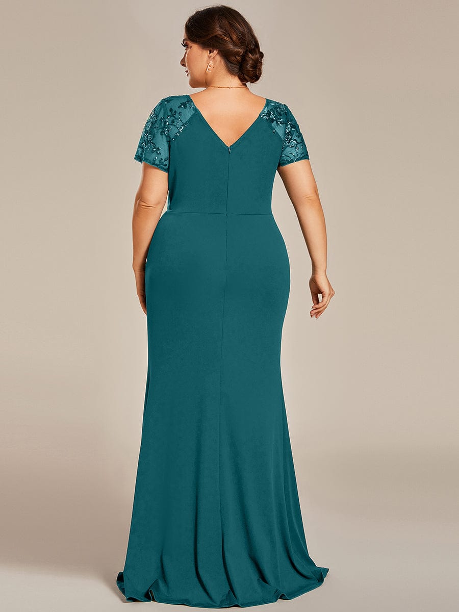 Deep V-Neck Sequin Short Sleeve High Side Front Slit Mother of the Bride Dress #color_Teal