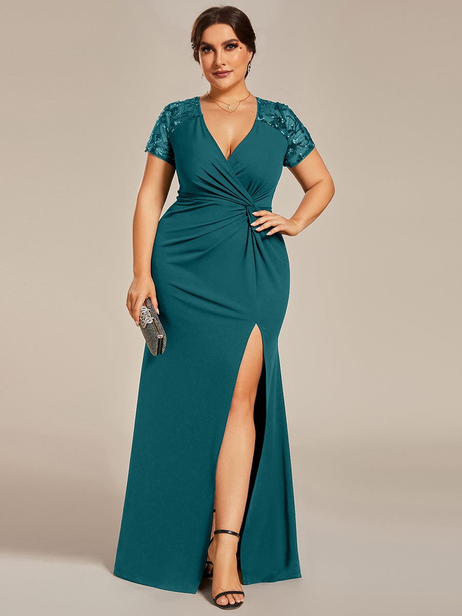 Deep V-Neck Sequin Short Sleeve High Side Front Slit Mother of the Bride Dress #color_Teal