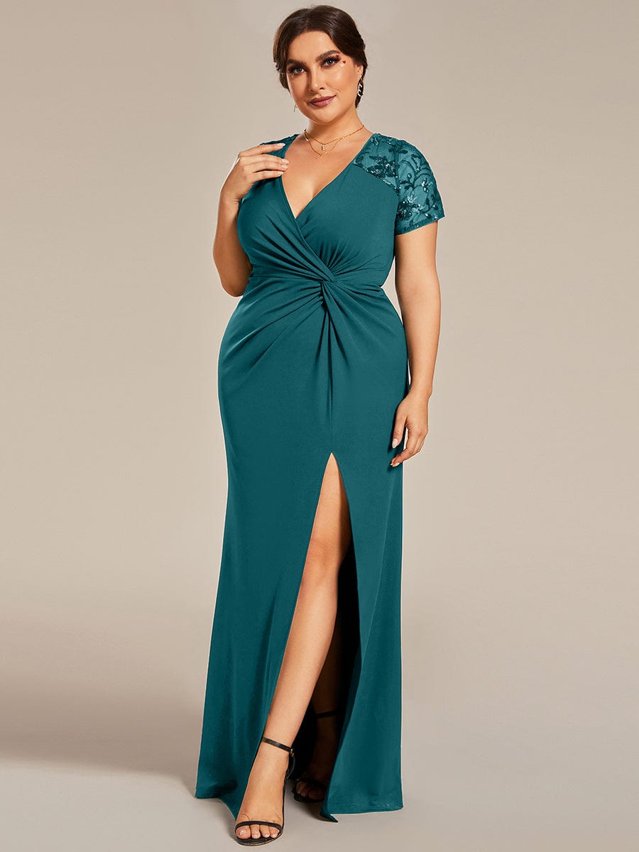 Deep V-Neck Sequin Short Sleeve High Side Front Slit Mother of the Bride Dress #color_Teal