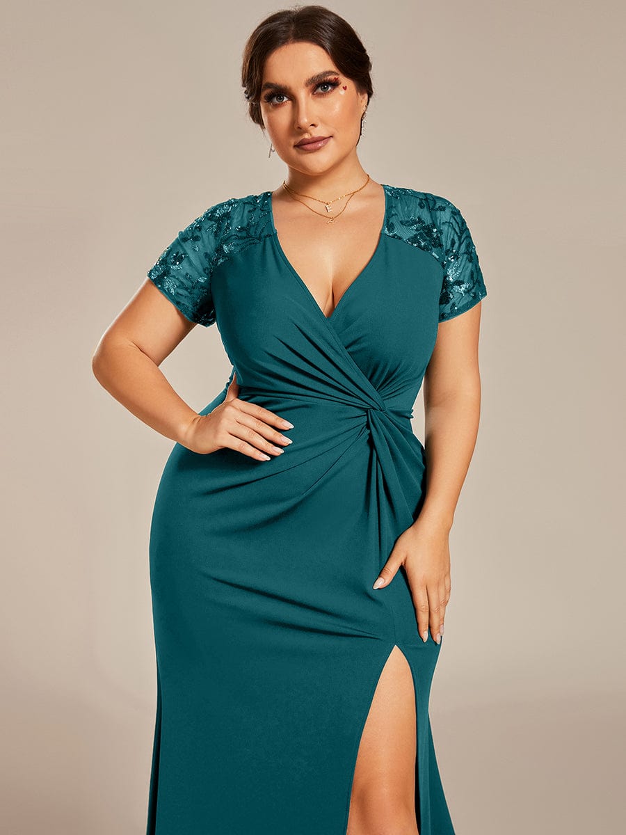 Deep V-Neck Sequin Short Sleeve High Side Front Slit Mother of the Bride Dress #color_Teal