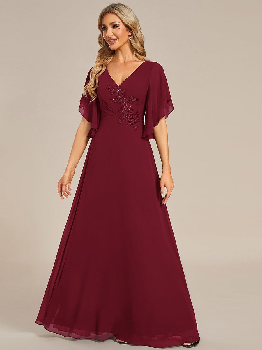 Half Sleeves Top Applique Decoration Chiffon Mother of the Bride Dress #color_Burgundy