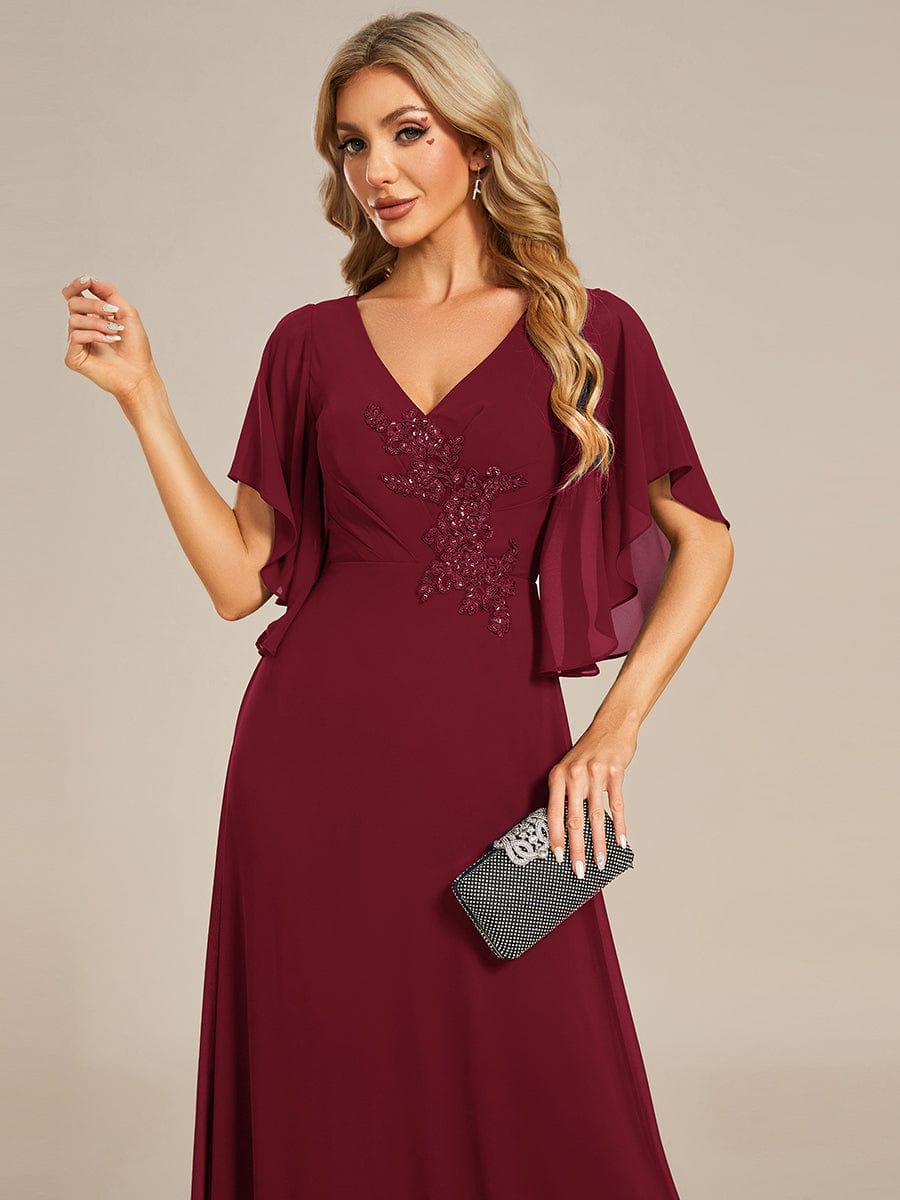 Half Sleeves Top Applique Decoration Chiffon Mother of the Bride Dress #color_Burgundy