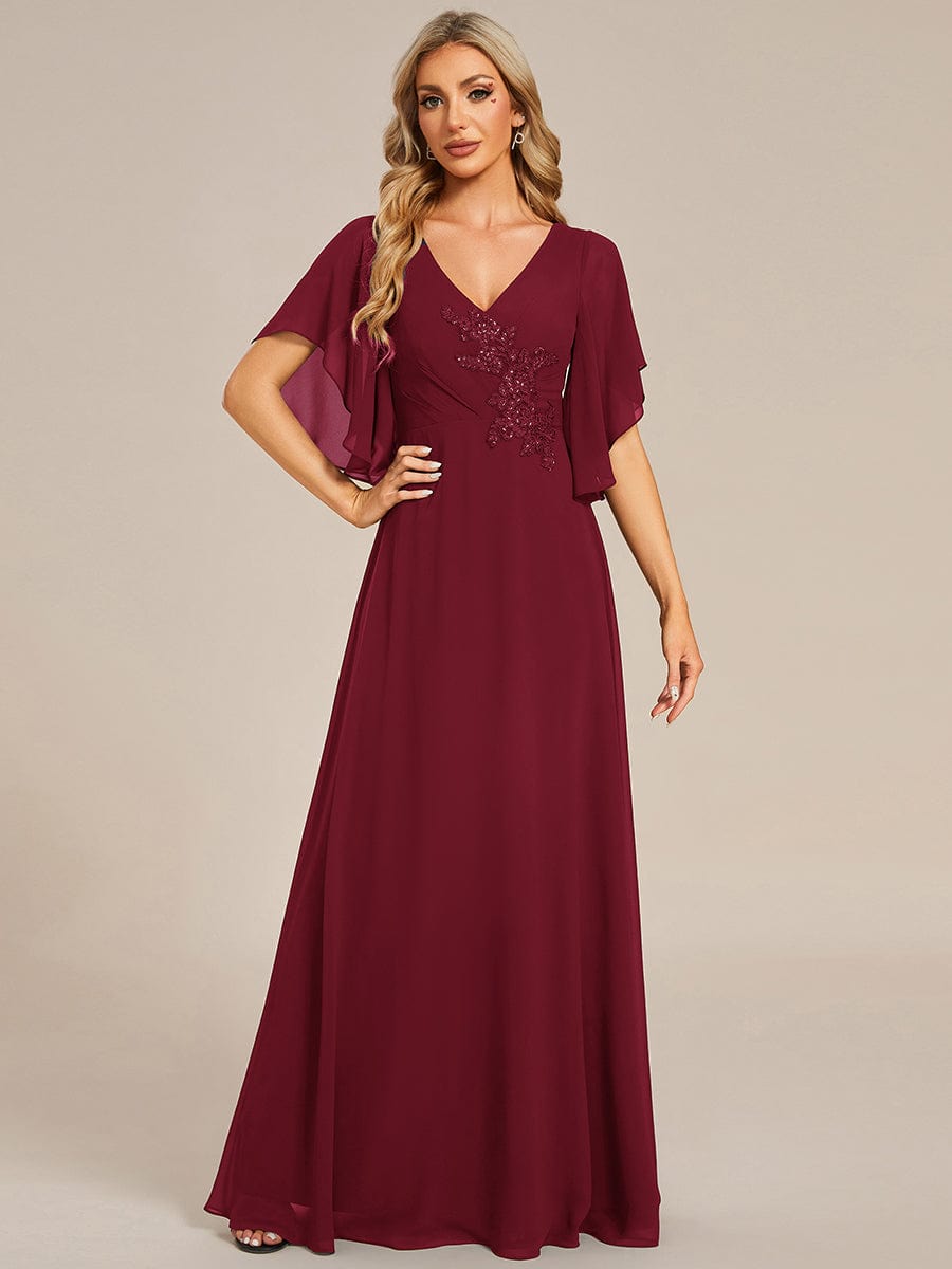 Elegant V-Neck Half Sleeves Chiffon Mother of the Bride Dress with Applique  - Ever-Pretty US