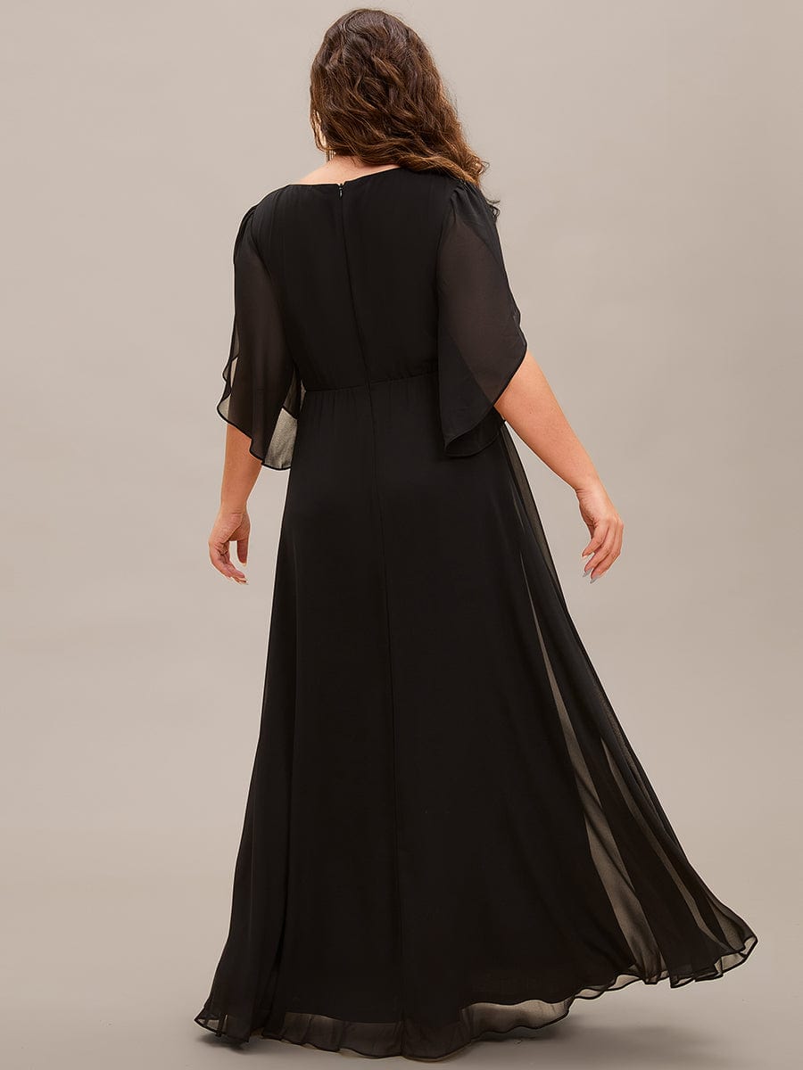 Plus Size Elegant Pleated Half Sleeve A-Line Maxi Mother of the Bride Dress #color_Black