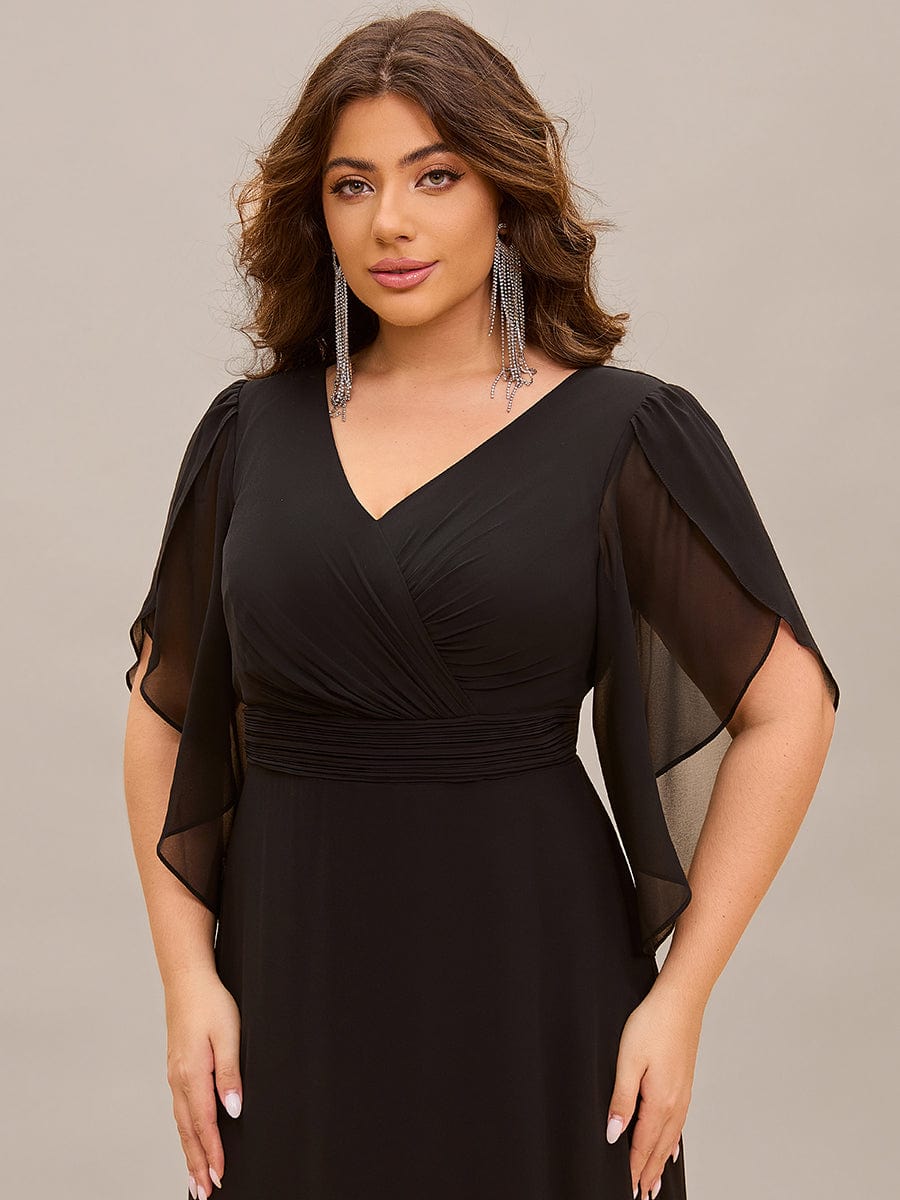 Plus Size Elegant Pleated Half Sleeve A-Line Maxi Mother of the Bride Dress #color_Black