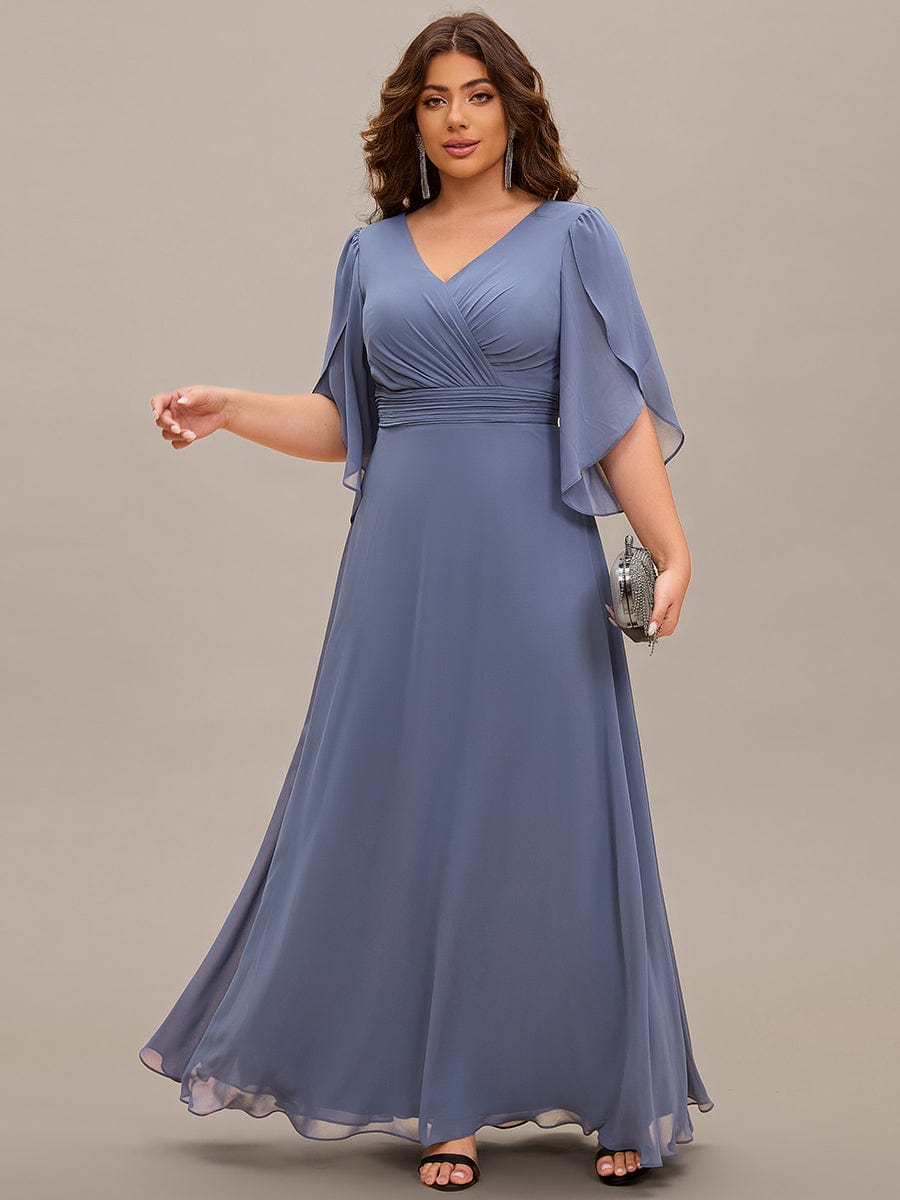 Plus Size Elegant Pleated Half Sleeve A-Line Maxi Mother of the Bride Dress #color_Dusty Navy