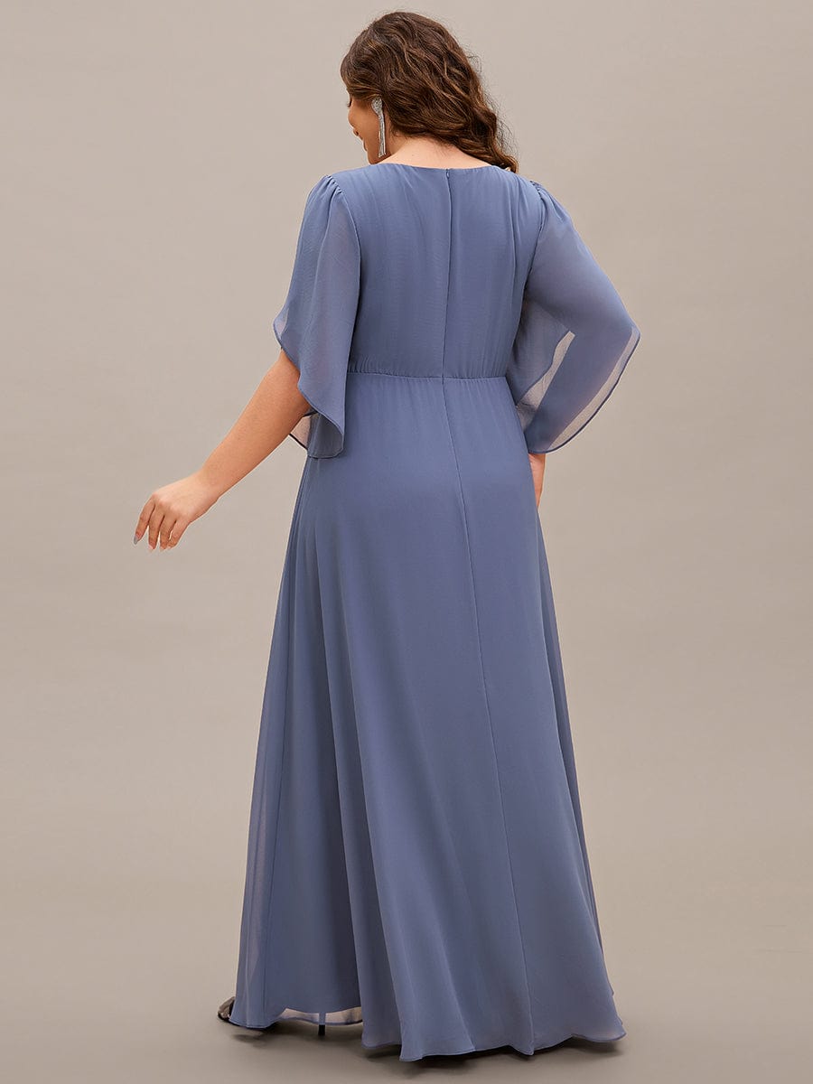 Plus Size Elegant Pleated Half Sleeve A-Line Maxi Mother of the Bride Dress #color_Dusty Blue