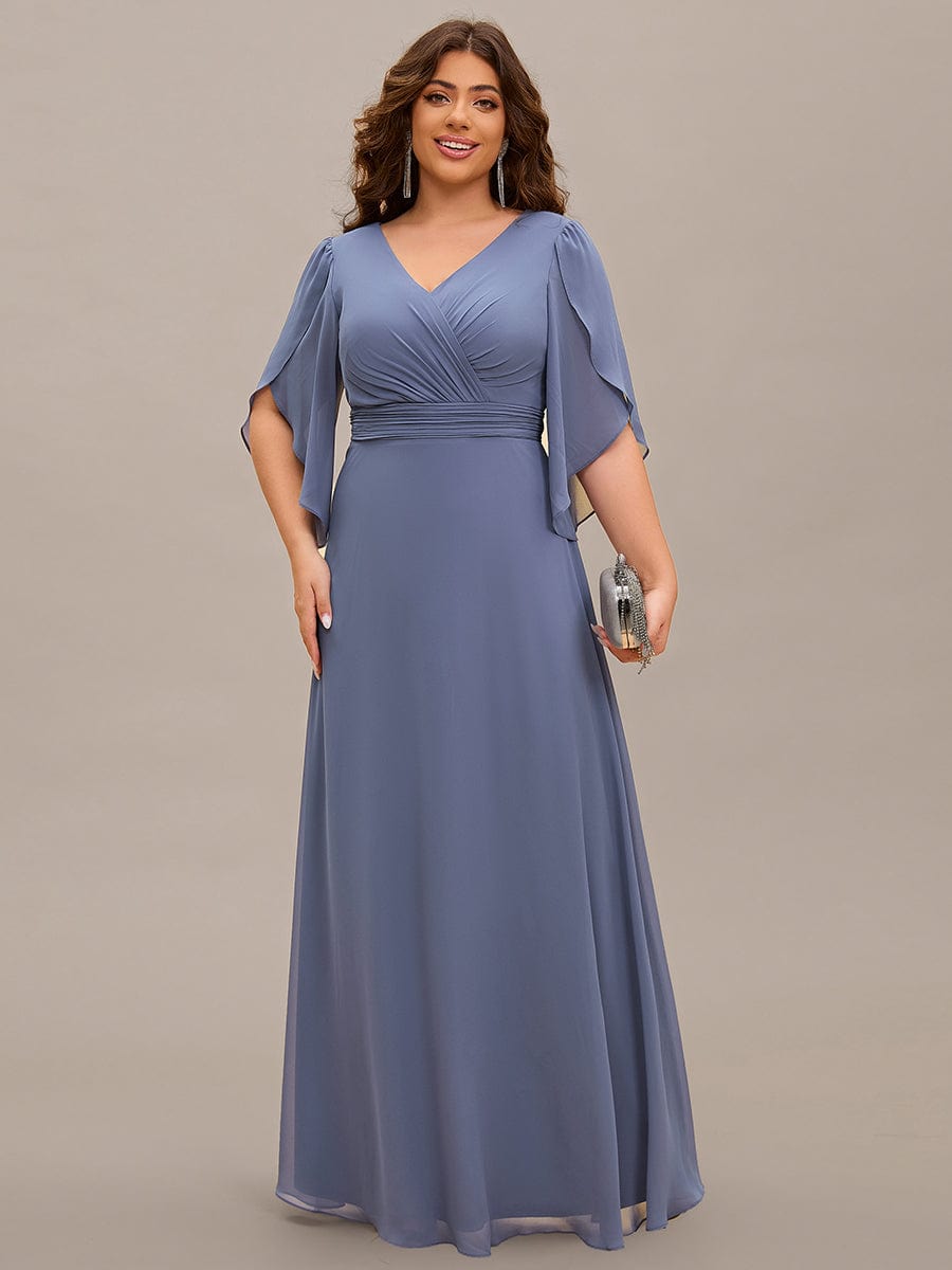 Plus Size Elegant Pleated Half Sleeve A-Line Maxi Mother of the Bride Dress #color_Dusty Navy