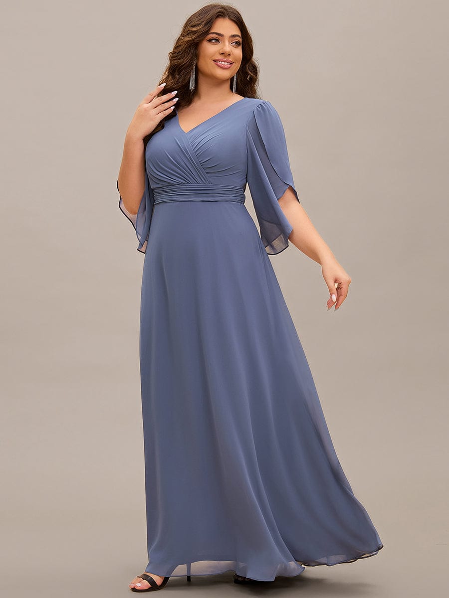 Plus Size Elegant Pleated Half Sleeve A-Line Maxi Mother of the Bride Dress #color_Dusty Navy