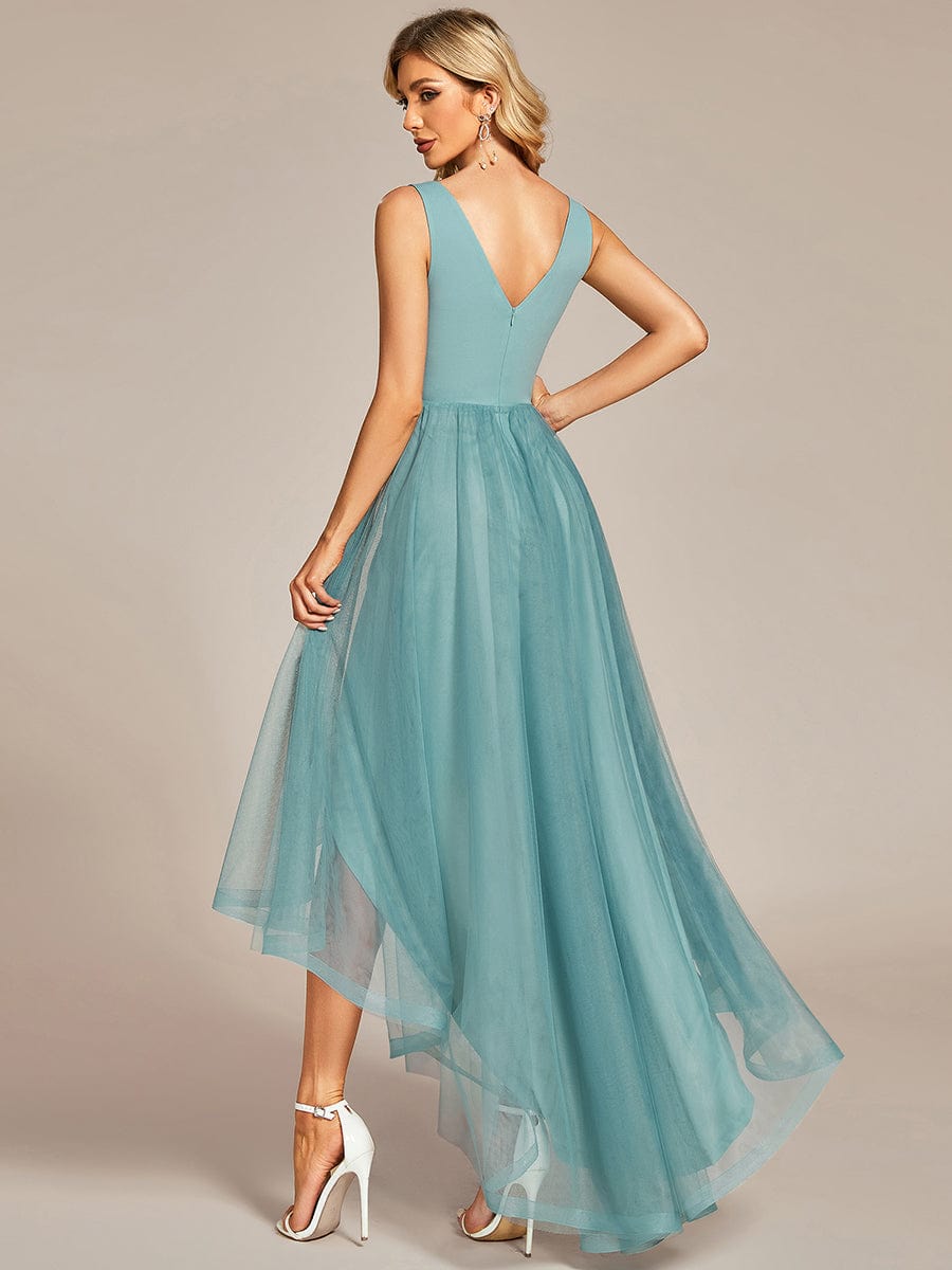 Sleeveless Tulle High Low Prom Dress with Waist Chain #color_Light Teal