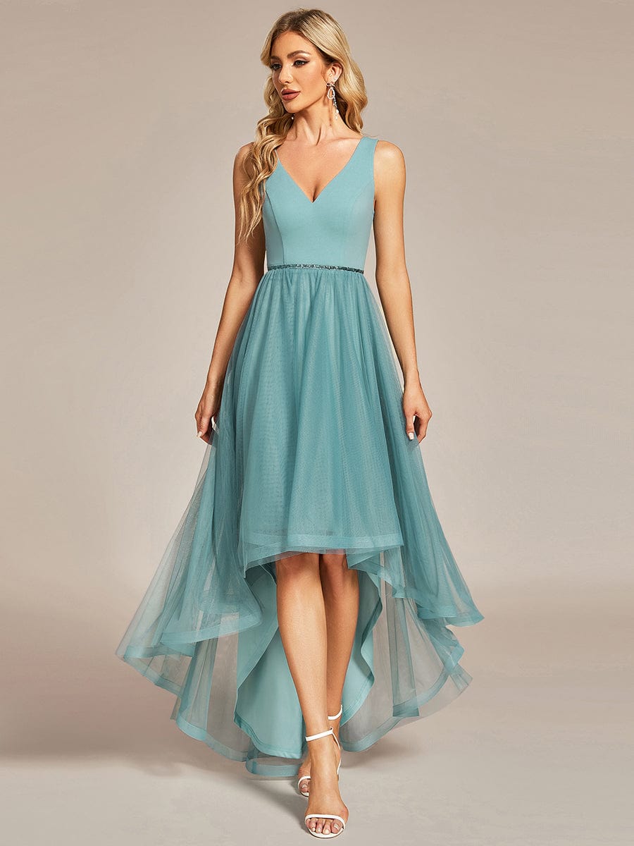 Sleeveless Tulle High Low Prom Dress with Waist Chain #color_Light Teal