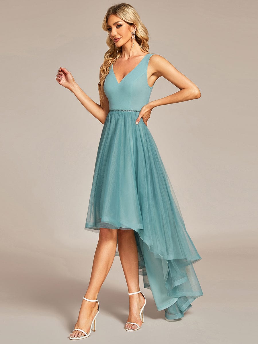 Sleeveless Tulle High Low Prom Dress with Waist Chain #color_Dusty Blue