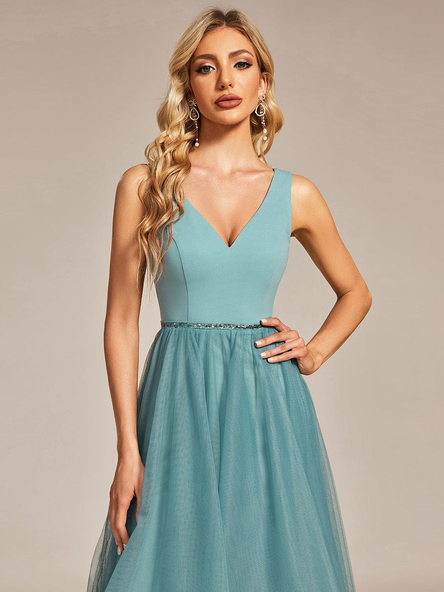 Sleeveless Tulle High Low Prom Dress with Waist Chain #color_Light Teal