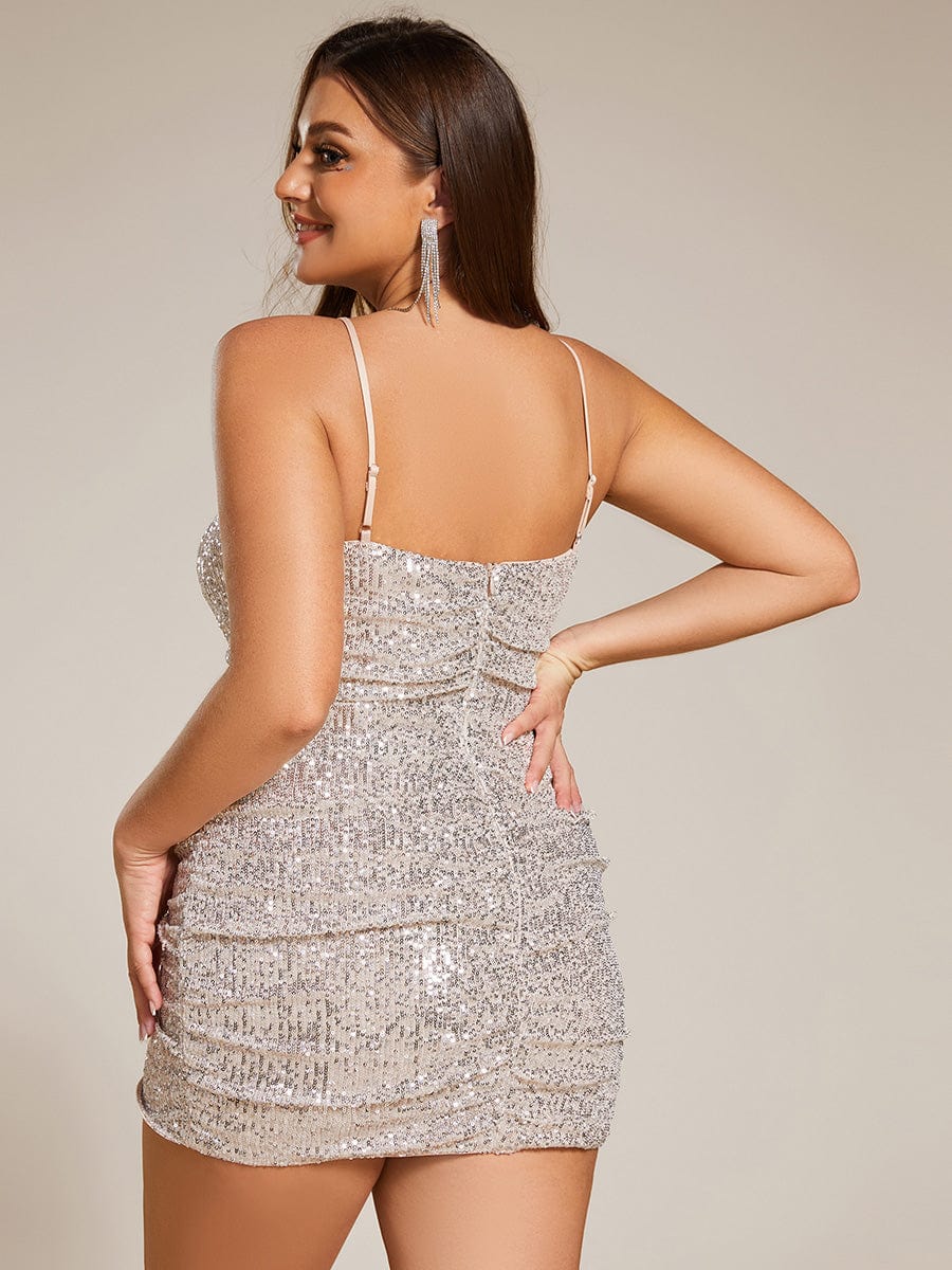 Sequin V-Neck Bodycon Spaghetti Strap Mini Homecoming Dress #color_Champagne