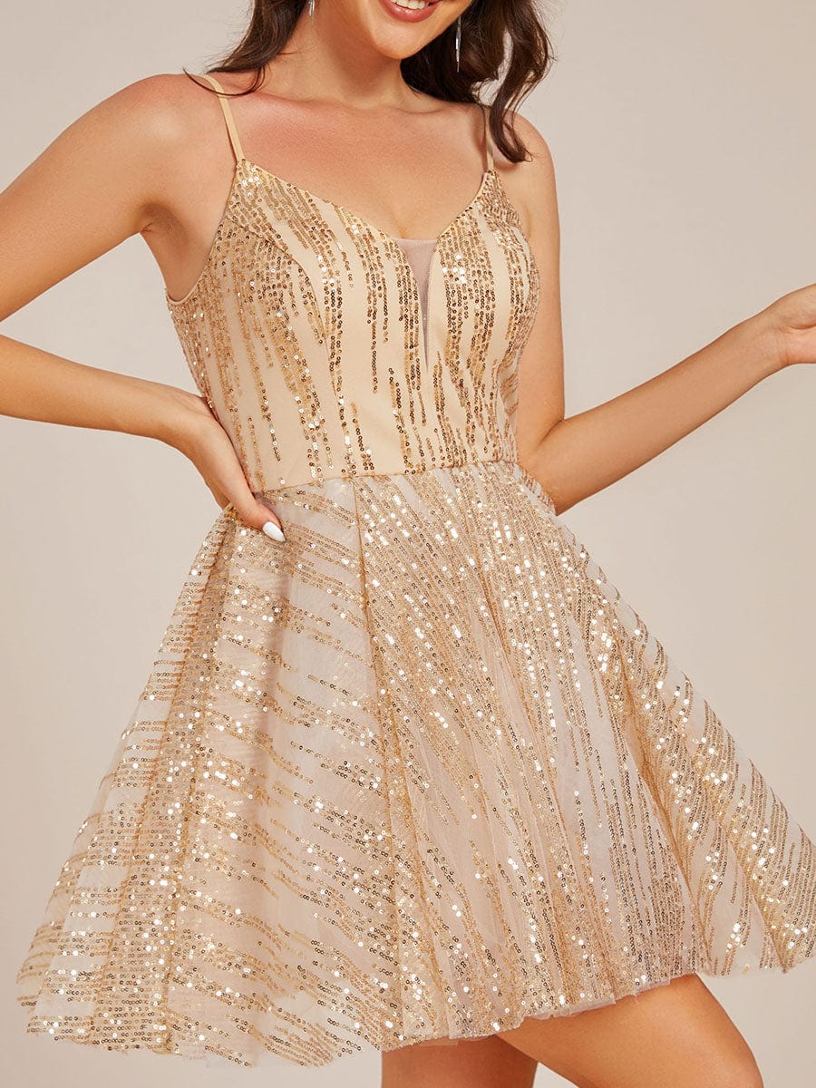 Sequin A-Line Spaghetti Strap Mini Homecoming Prom Dress #color_Gold