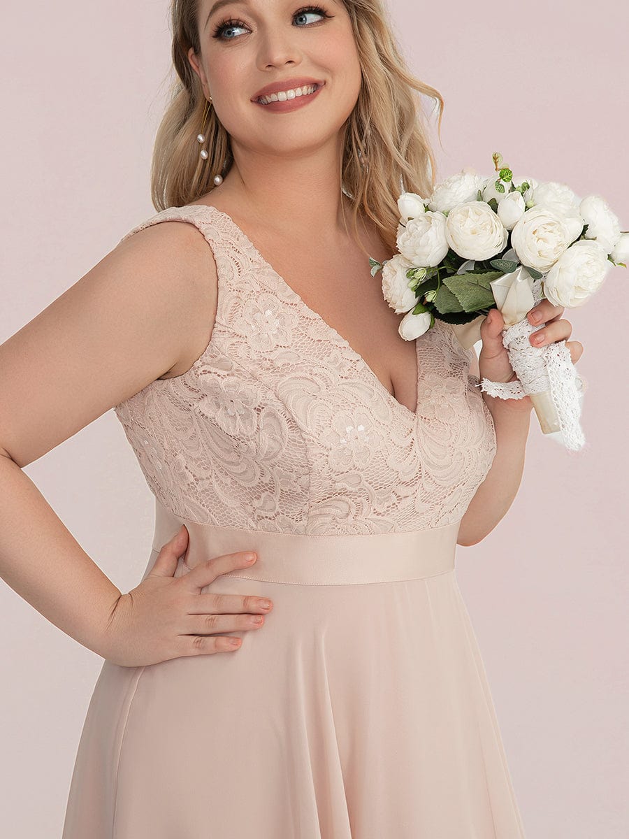 Plus Size Stunning V Neck Lace & Chiffon Prom Dress for Women #color_Blush