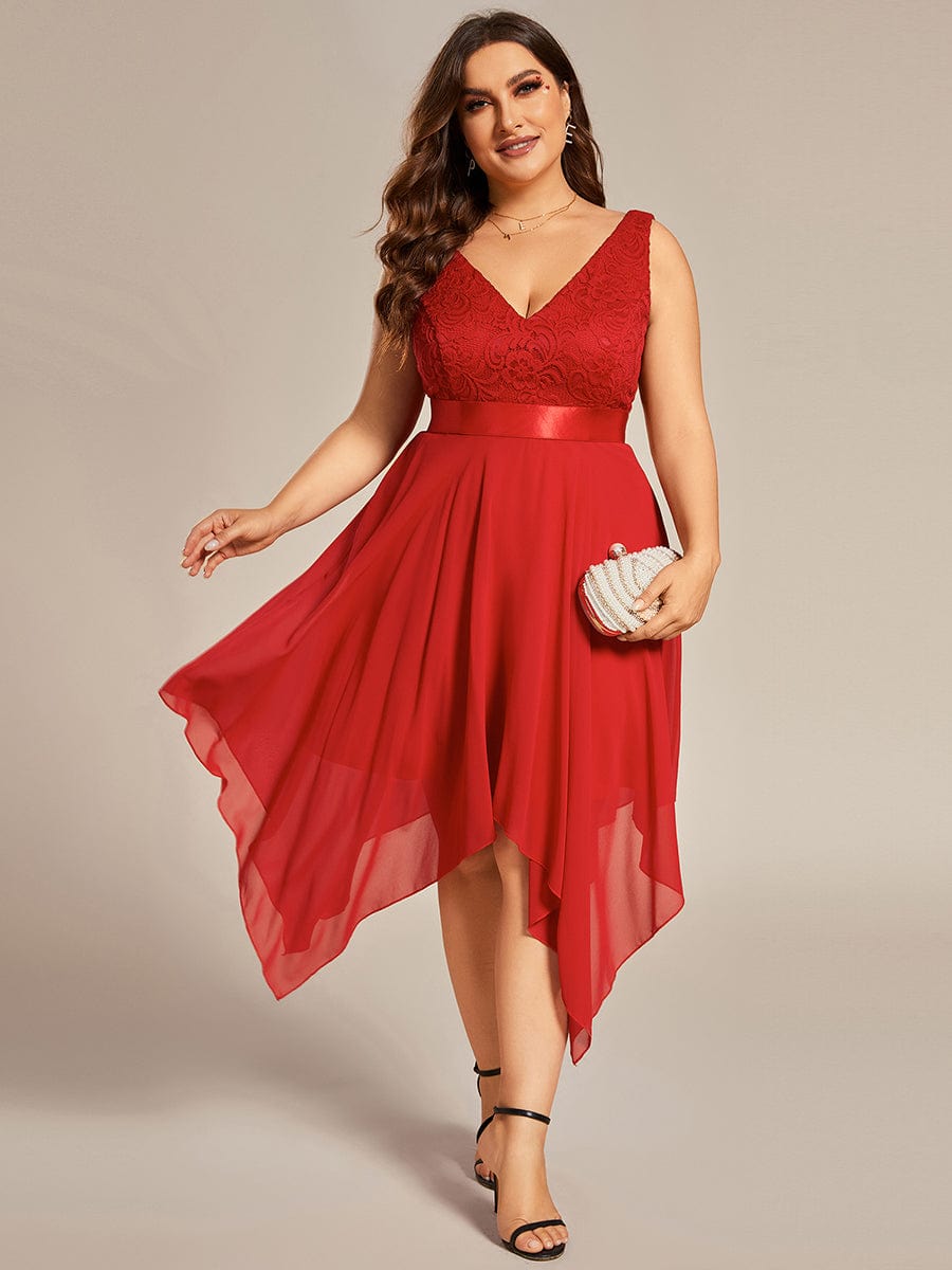 Plus Size Stunning V Neck Lace & Chiffon Prom Dress for Women #color_Red