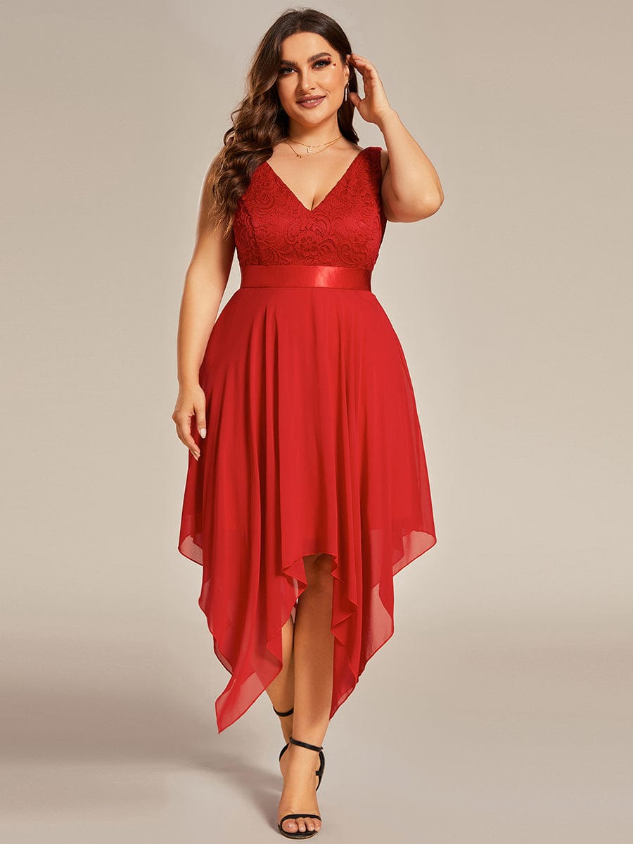 Plus Size Stunning V Neck Lace & Chiffon Prom Dress for Women #color_Red