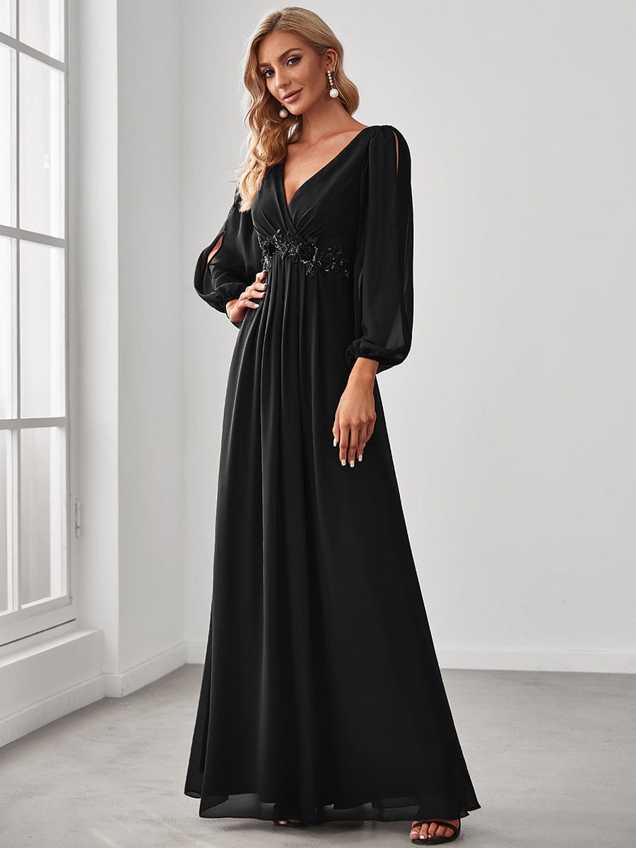 Elegant Chiffon V-Neckline Long Sleeve Formal Evening Dress #color_Black