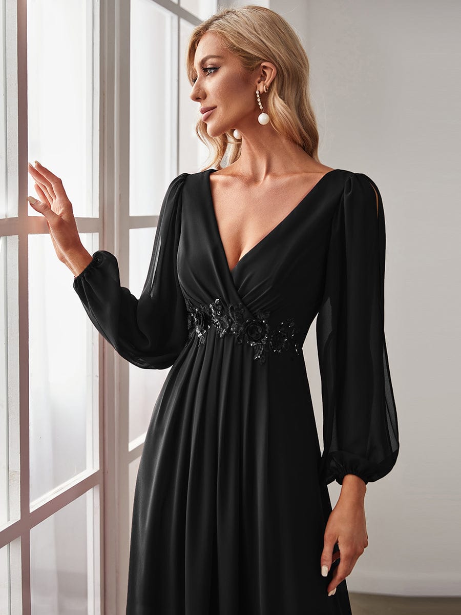 Elegant Chiffon V-Neckline Long Sleeve Formal Evening Dress #color_Black