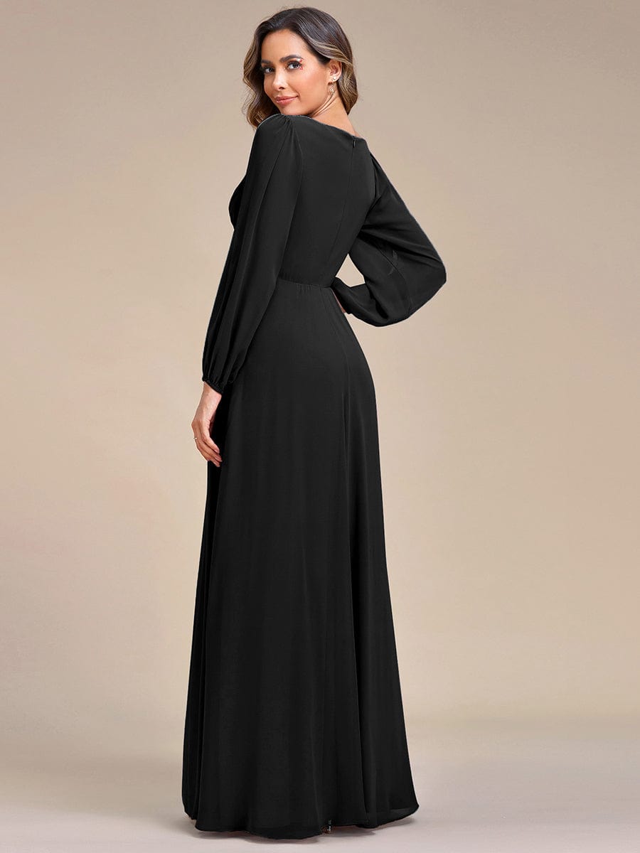 V-Neck Long Split Sleeve Empire Waist Applique Wedding Dress #color_Black