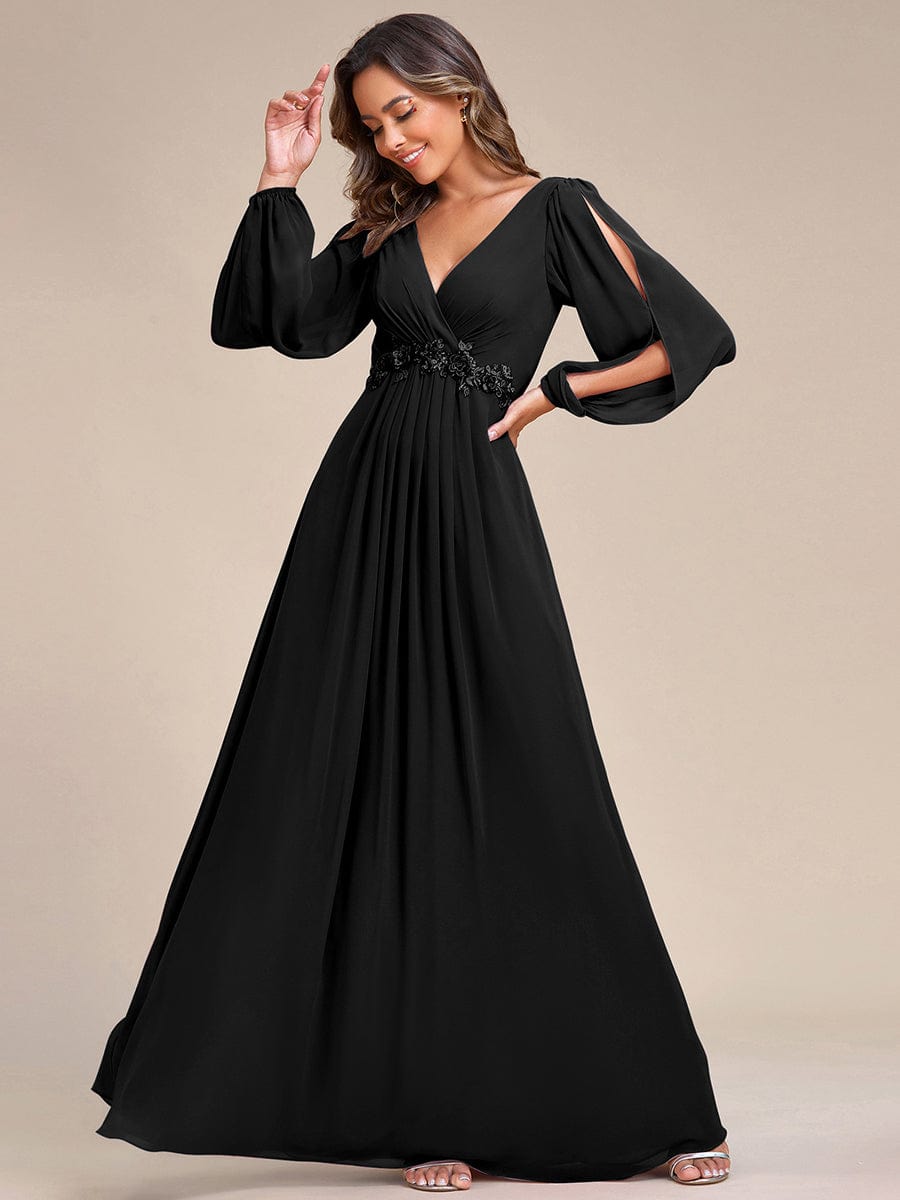 V-Neck Long Split Sleeve Empire Waist Applique Wedding Dress #color_Black