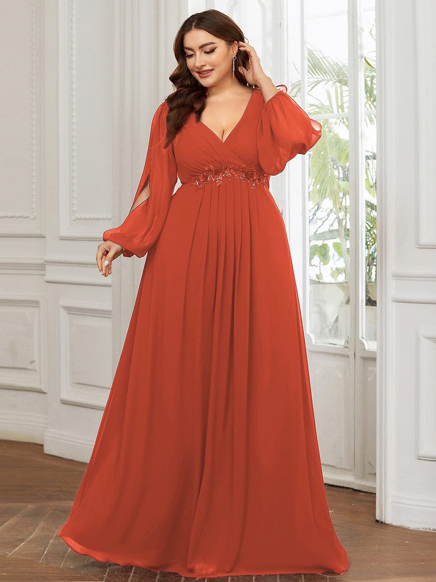 Stylish Plus Size Chiffon Formal Evening Dresses with Long Lantern Sleeves #color_Burnt Orange