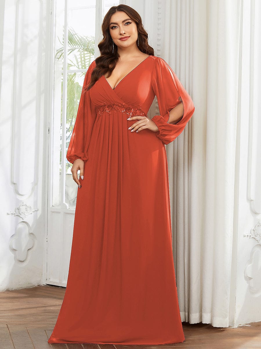 Stylish Plus Size Chiffon Formal Evening Dresses with Long Lantern Sleeves #color_Burnt Orange