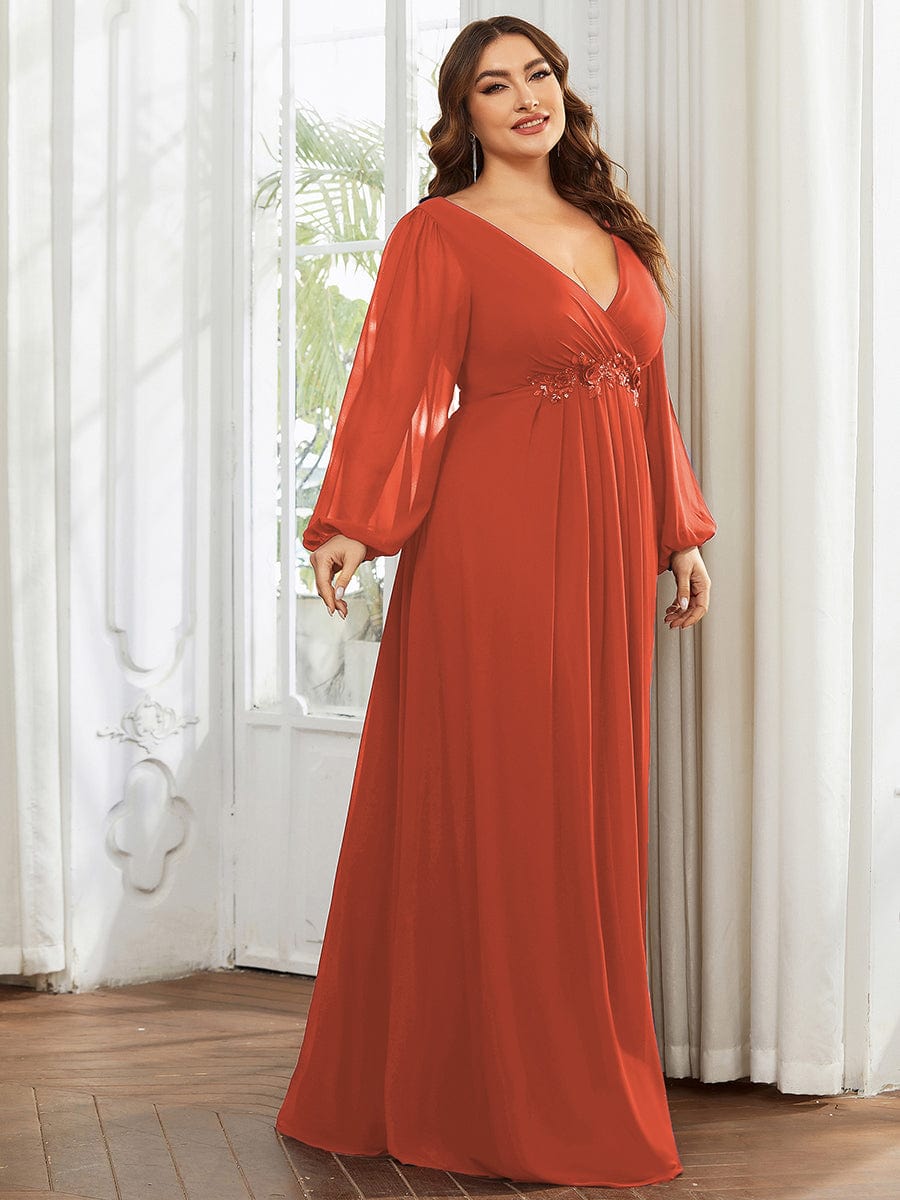 Stylish Plus Size Chiffon Formal Evening Dresses with Long Lantern Sleeves #color_Burnt Orange