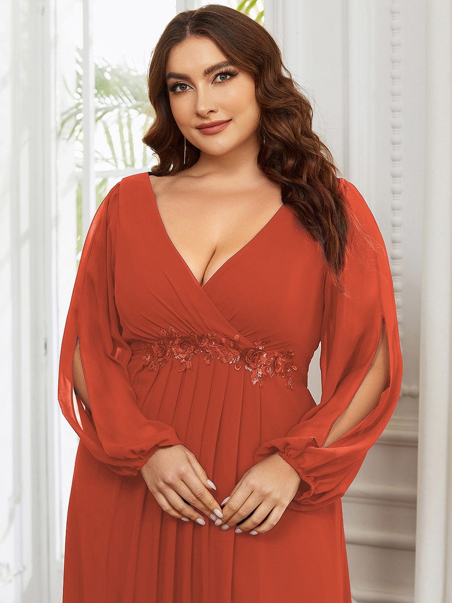 Stylish Plus Size Chiffon Formal Evening Dresses with Long Lantern Sleeves #color_Burnt Orange