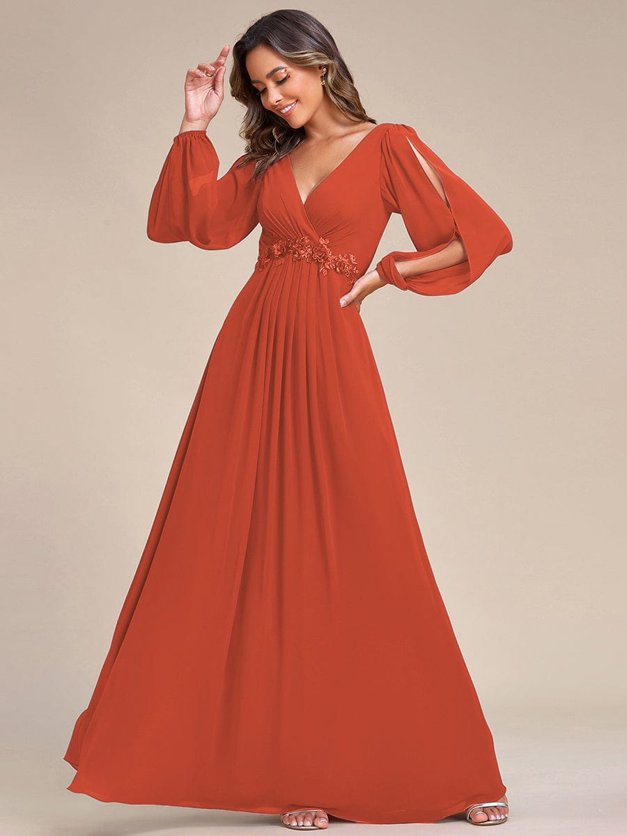 Elegant Chiffon V-Neckline Long Sleeve Formal Evening Dress #color_Burnt Orange