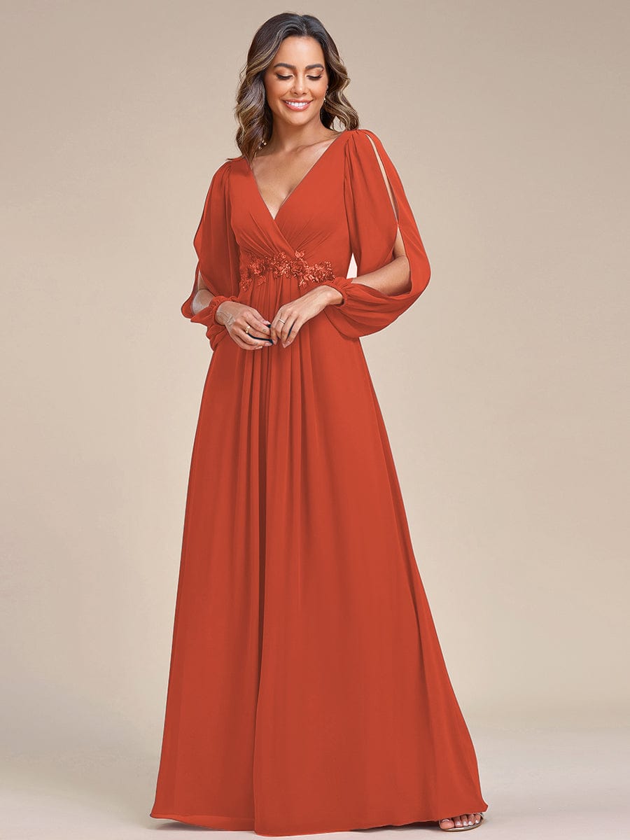 Elegant Chiffon V-Neckline Long Sleeve Formal Evening Dress #color_Burnt Orange
