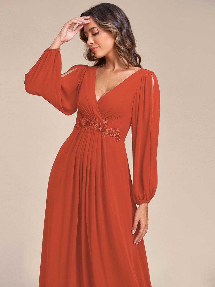 Elegant Chiffon V-Neckline Long Sleeve Formal Evening Dress #color_Burnt Orange