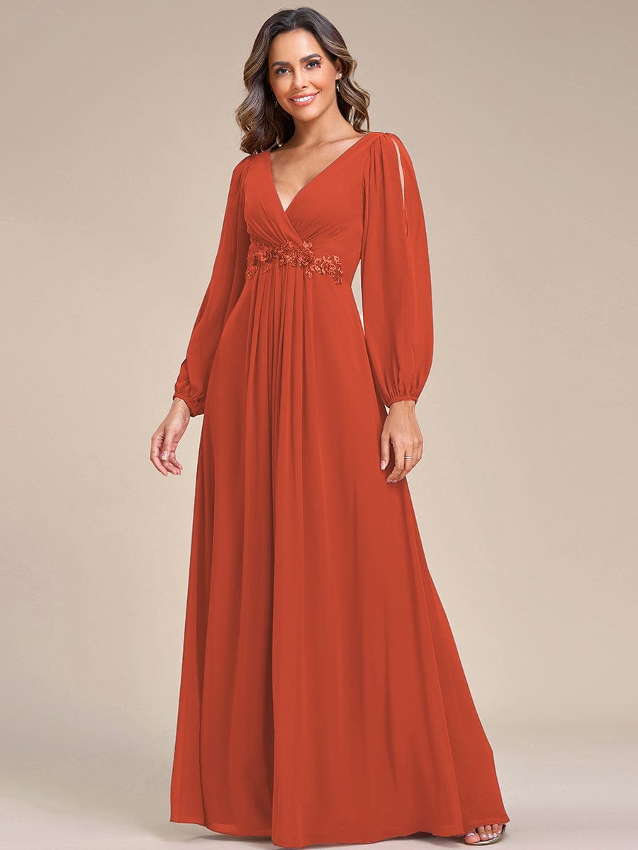 Elegant Chiffon V-Neckline Long Sleeve Formal Evening Dress #color_Burnt Orange