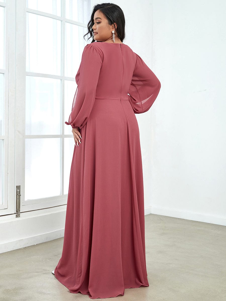 Stylish Plus Size Chiffon Formal Evening Dresses with Long Lantern Sleeves #color_Cameo Brown