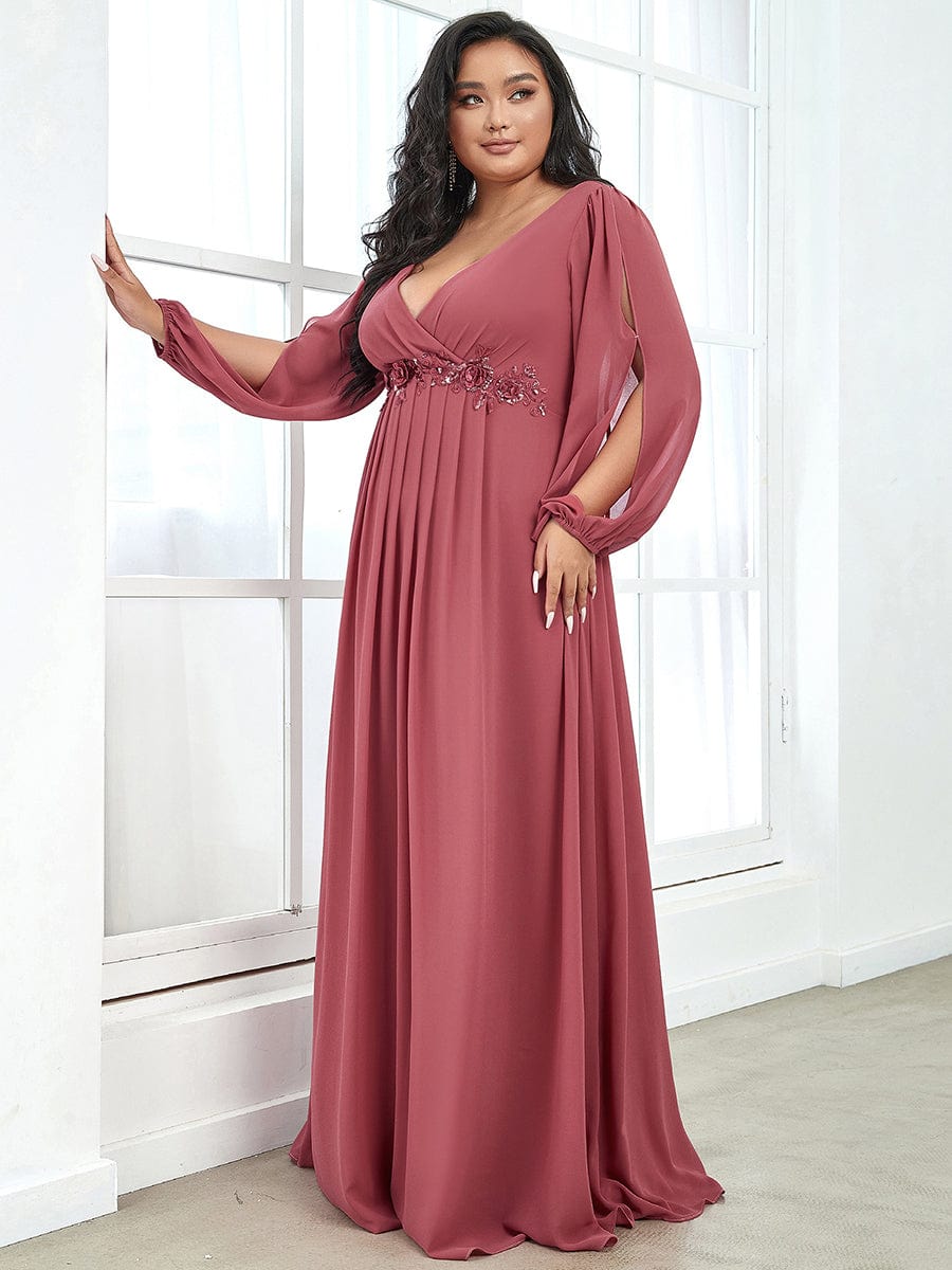 Stylish Plus Size Chiffon Formal Evening Dresses with Long Lantern Sleeves #color_Cameo Brown