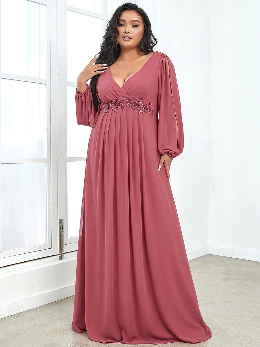 Elegant Chiffon V-Neckline Long Sleeve Formal Evening Dress #color_Cameo Brown