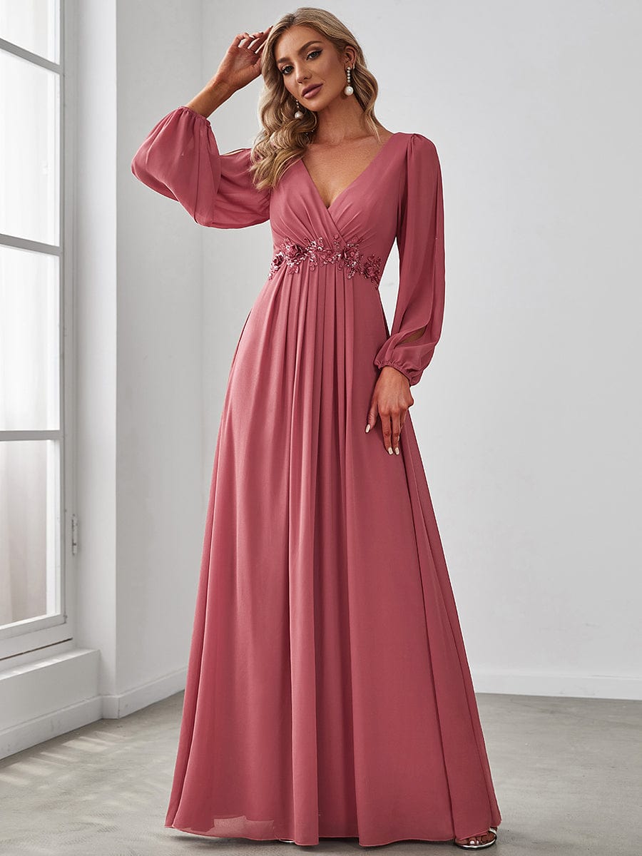 Elegant Chiffon V-Neckline Long Sleeve Formal Evening Dress #color_Cameo Brown