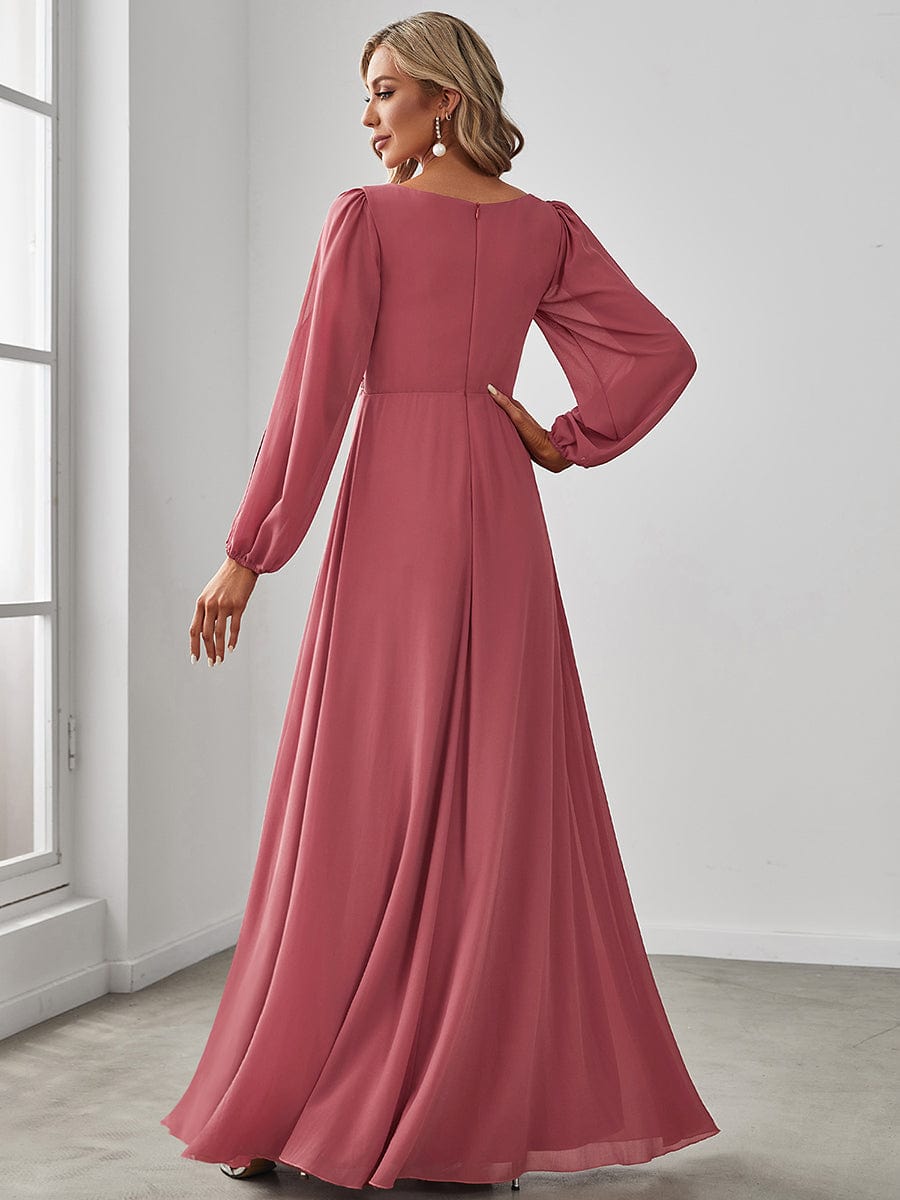 Elegant Chiffon V-Neckline Long Sleeve Formal Evening Dress #color_Cameo Brown