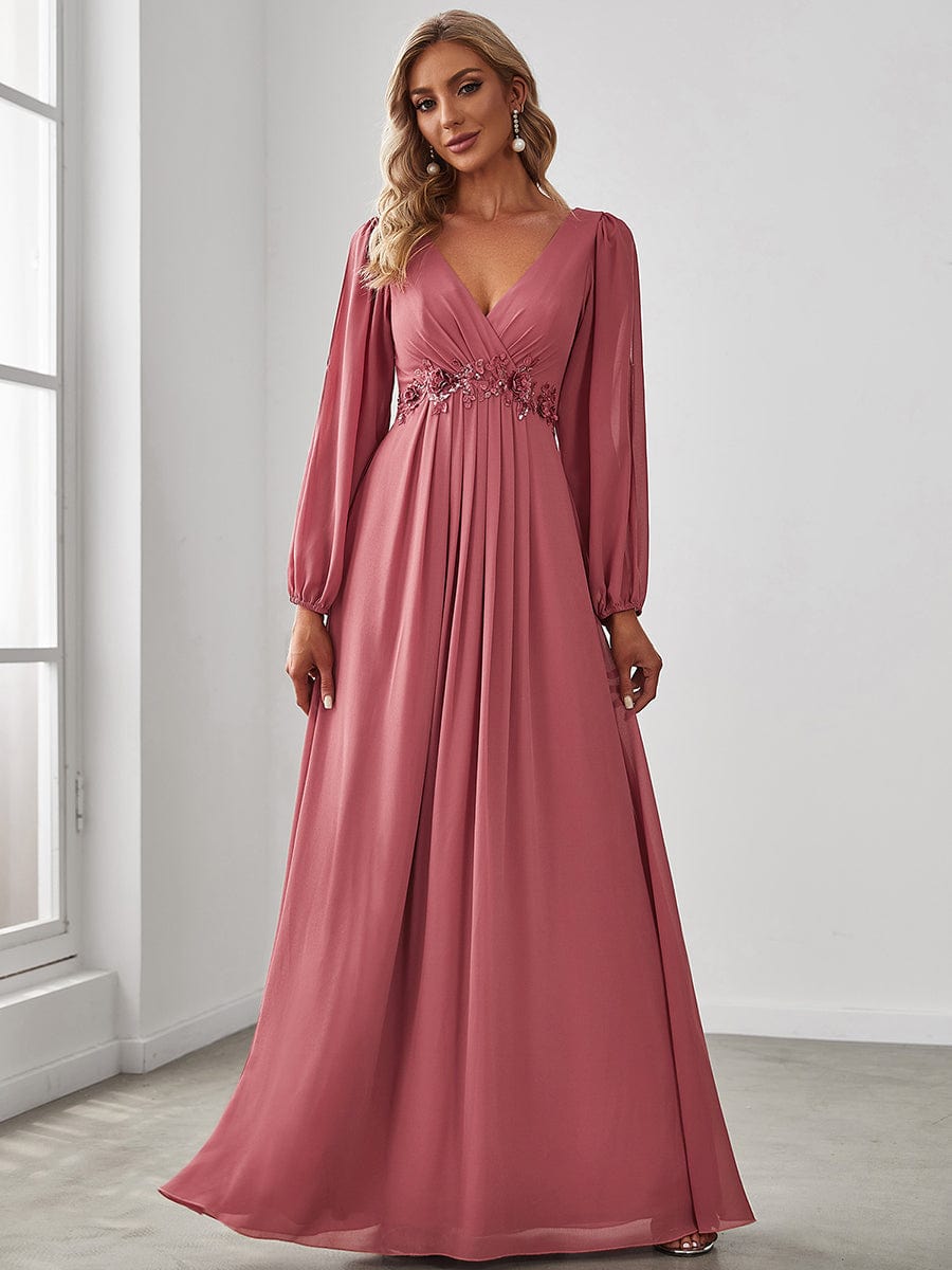 Elegant Chiffon V-Neckline Long Sleeve Formal Evening Dress #color_Cameo Brown