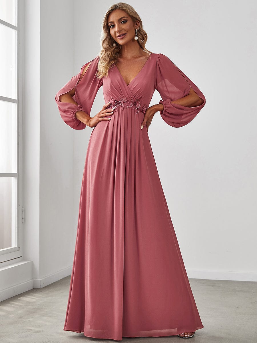 Elegant Chiffon V-Neckline Long Sleeve Formal Evening Dress #color_Cameo Brown