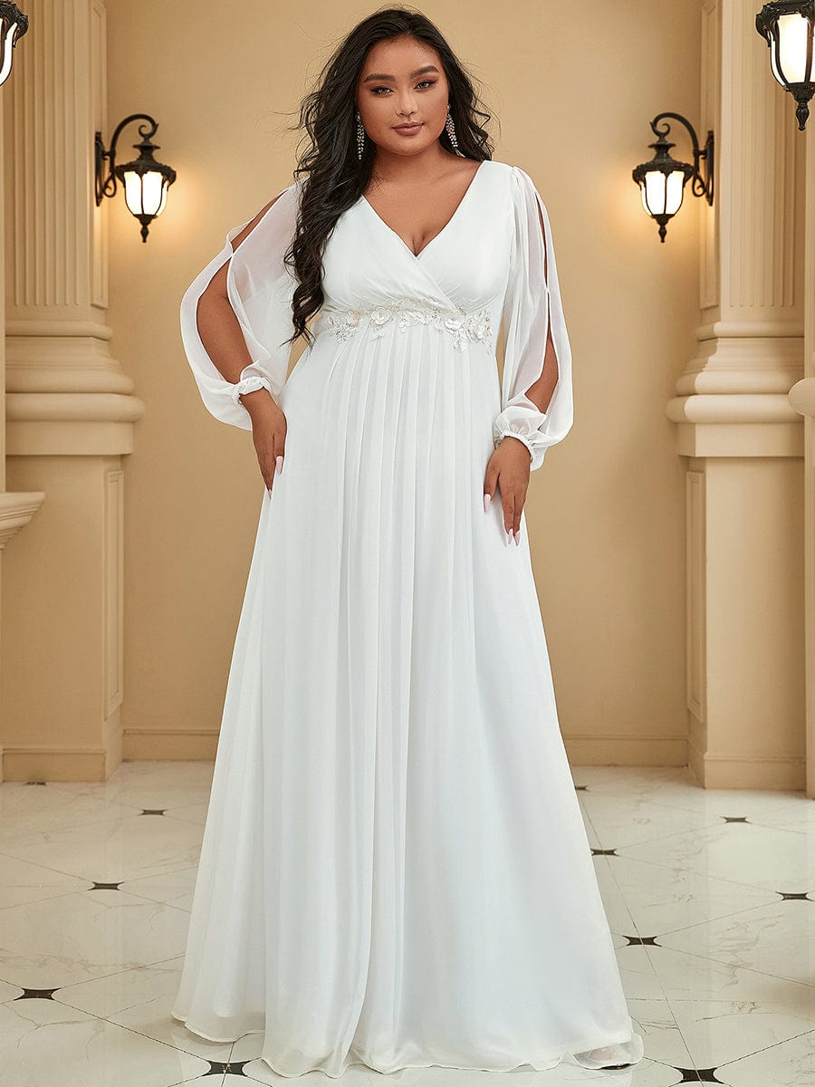 Stylish Plus Size Chiffon Formal Evening Dresses with Long Lantern Sleeves #color_Cream