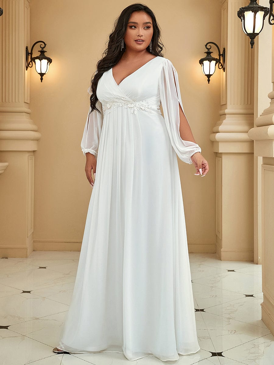 Stylish Plus Size Chiffon Formal Evening Dresses with Long Lantern Sleeves #color_Cream