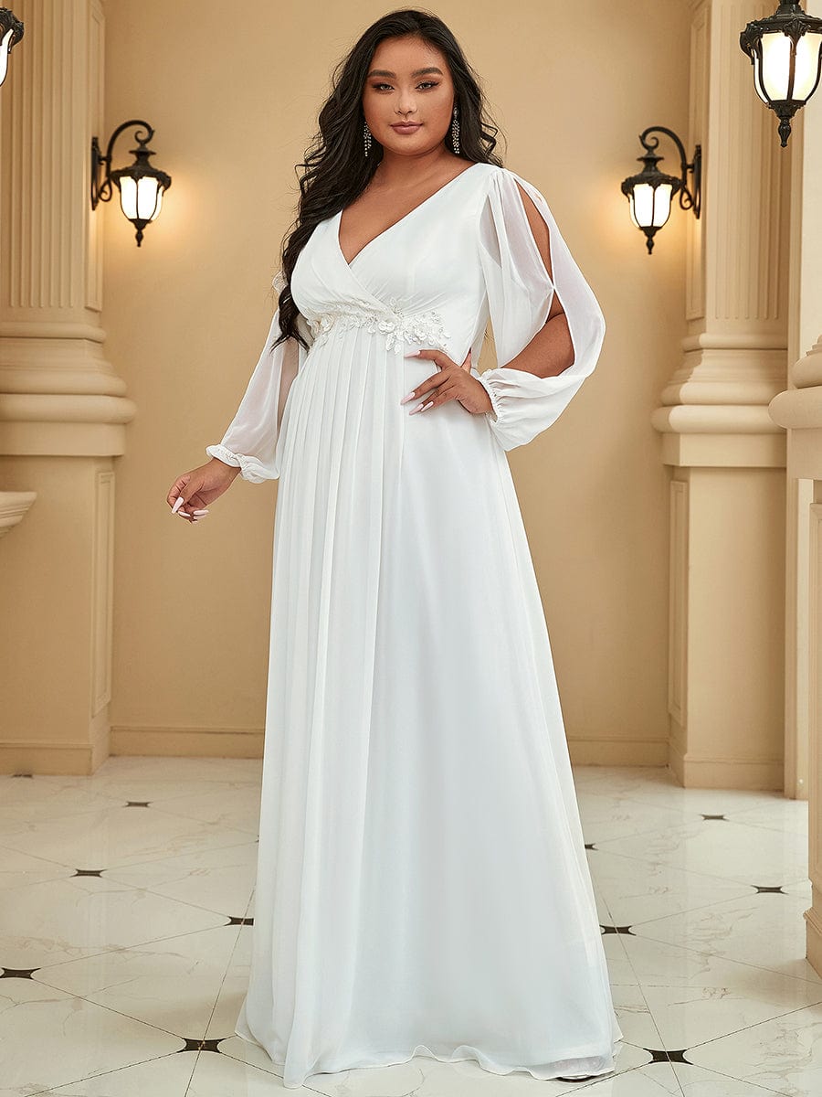 Stylish Plus Size Chiffon Formal Evening Dresses with Long Lantern Sleeves #color_Cream