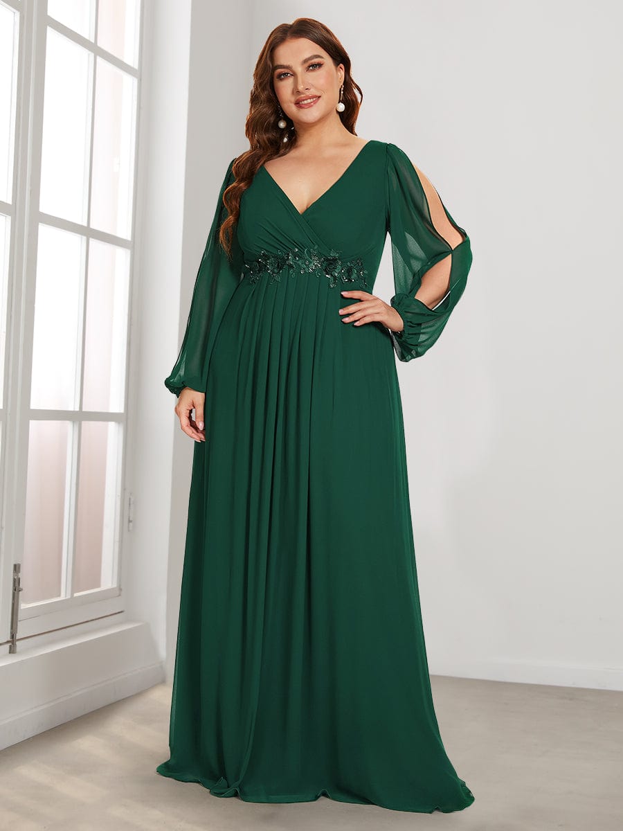 Stylish Plus Size Chiffon Formal Evening Dresses with Long Lantern Sleeves #color_Dark Green