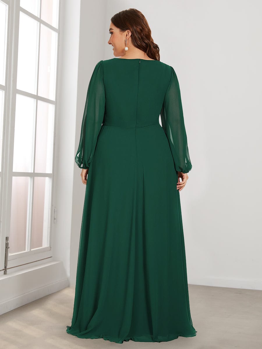 Stylish Plus Size Chiffon Formal Evening Dresses with Long Lantern Sleeves #color_Dark Green